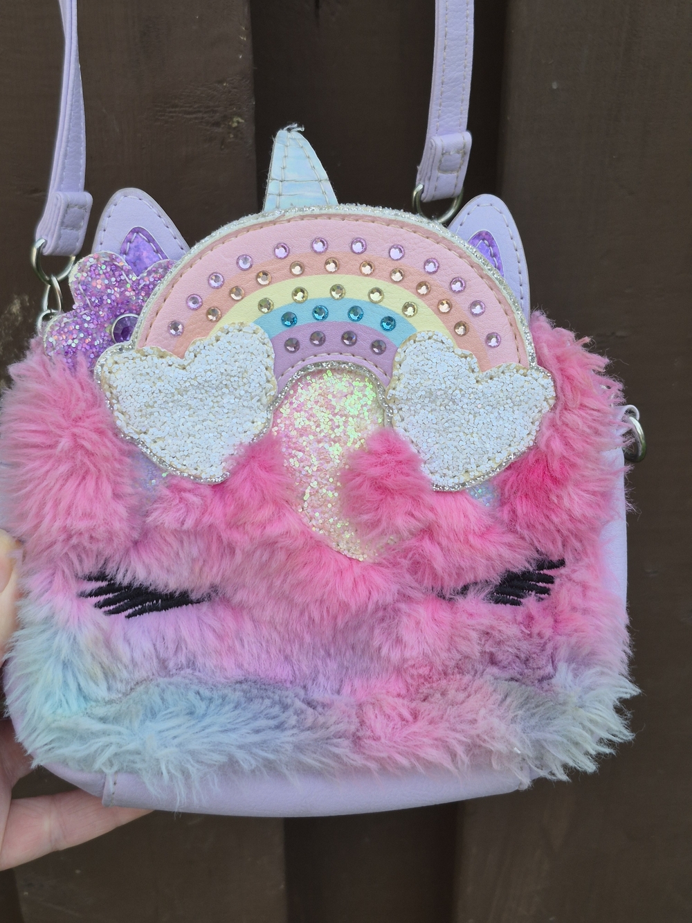 OMG Accessories Miss Gwen's Faux Fur Unicorn Rainbow Crown Glitter Purse